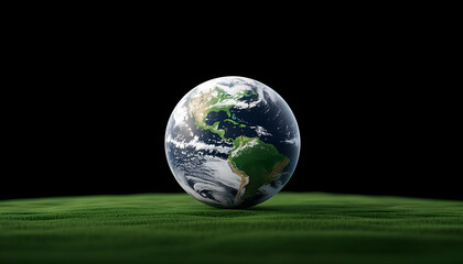 earth globe on green field, black background