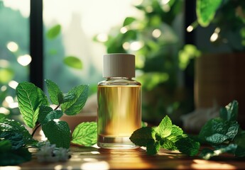 Poster - Essential oil bottle with fresh mint leaves on wooden surface