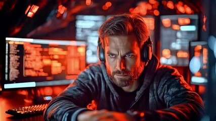 Aufkleber - A cybersecurity expert intensely monitors multiple screens filled with security data and codes. Wearing headphones, he focuses on detecting and mitigating potential data breaches in real time.