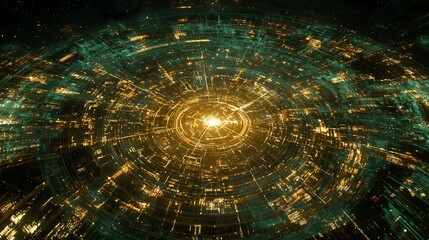 Poster - Abstract, technological, circular, futuristic, energy portal.  Intricate, glowing, golden, emerald-green, network design.  Dynamic, cosmic, space, hub