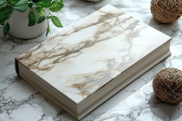 Leinwandbilder - Elegant marble-patterned book placed on a decorative table with natural elements