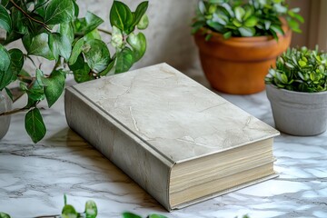 Aufkleber - Decorative hardcover book resting on marble surface surrounded by green plants