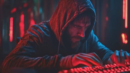 Aufkleber - A cybersecurity expert with a hood is intently focused on a glowing keyboard in a dimly lit environment.