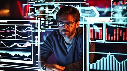 Fototapete - A cybersecurity professional analyzes potential data breaches while monitoring risk management protocols in a darkened environment.