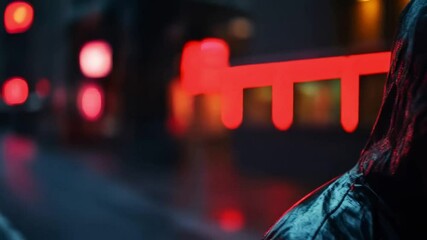 Fototapete - A cybersecurity professional analyzes possible data breach threats in a vibrant urban landscape illuminated by neon lights.