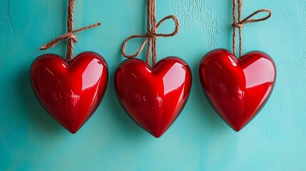 Poster - Three Shiny Red Hearts Hanging Turquoise Background Romantic Valentine Love Decoration Festive Holiday Symbolism Passionate Affectionate Heartshaped  