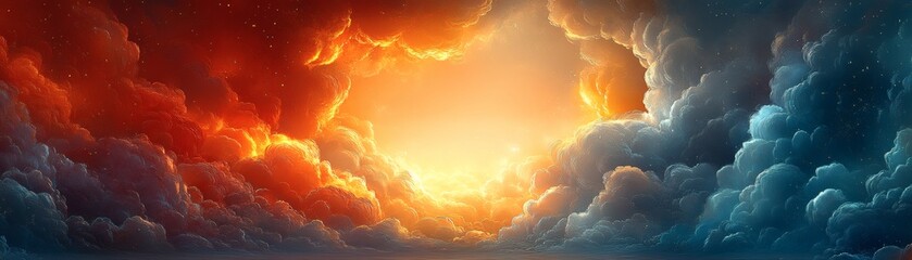Wall Mural - a stunning display of cloud formations, with the sun shining brightly between. The sky is divided into contrasting colors, a gradient of red and blue, creating a dramatic effect