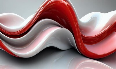 Wall Mural - Dynamic Abstract Waves of Shiny Red and White Material Flowing Smoothly Across a Reflective Surface