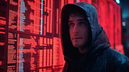 Fototapete - A hooded figure stands absorbed in analyzing data displayed in bright red on a wall. This moment captures the critical aspects of cybersecurity, highlighting risks involved in data breaches.