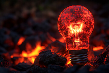 Poster - Glowing red lightbulb amidst dark, fiery coals, showcasing a contrast of energy and raw power, symbolizing innovation, resilience, and the transformative potential of ideas