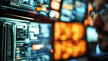 Fototapete - A cybersecurity professional focuses intently on multiple monitors displaying firewall metrics and alerts, working diligently to manage risks and protect sensitive data from potential breaches.
