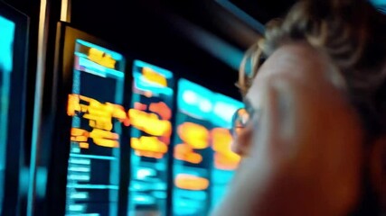 Fototapete - A professional examines cybersecurity data on multiple illuminated screens. The focus is on assessing risks related to data breaches using sophisticated firewall solutions in a high-tech environment.