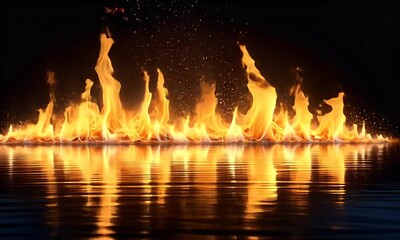 Wall Mural - Dramatic Flames Dancing Above Tranquil Water Surface Creating Stunning Reflections Against Dark Background