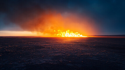 Poster - Vast field, large fire burning at horizon, orange and dark tones, dramatic sunset sky, depicting power of nature or industrial accident
