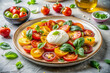 © HappyFoxy - A fresh, vibrant summer salad composed of heirloom tomatoes, burrata cheese, and basil leaves, drizzled with olive oil. The dish is presented on white speckled ceramic plate with minimalist aesthetic
