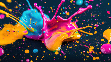 Wall Mural - a striking close-up of paint splashes frozen mid-air, vivid cyan, magenta