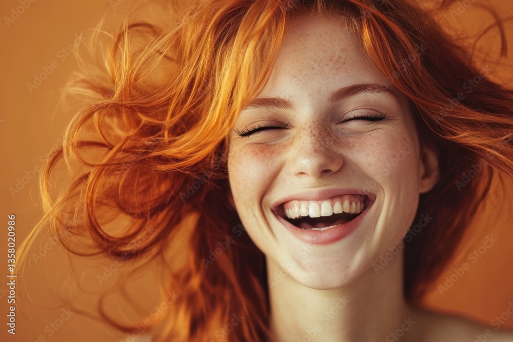 Portrait of a cheerful woman with vibrant red hair and radiant smile ...