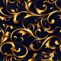 Aufkleber - Seamless luxury pattern featuring intricate golden swirls against a deep navy background with regal vintage elegance Generative AI