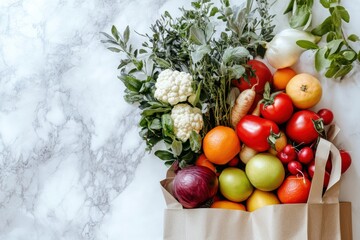Poster - Modern illustration of a paper grocery bag filled with organic fruits and vegetables in soft earthy colors Generative AI