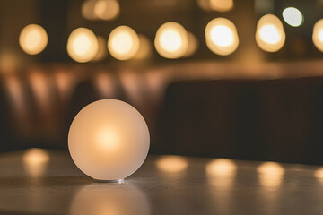 Poster - Soft-glowing spherical lamp on table, blurred warm lights background, creating a calm and serene atmosphere, ideal for relaxation or minimalist concepts