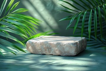 Poster - Natural gray stone displayed with palm leaves on a minimalist background