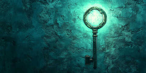 Poster - Antique key on teal textured background, illuminated, symbolizing mystery, access, opportunity, or a hidden secret Free space for text or logo