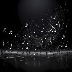 Abstract digital art piece dark background black music notes floating into  