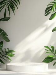 Poster - Circular display stand surrounded by lush green leaves in a minimalist indoor setting during daylight