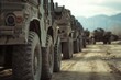 © Dari - Military vehicles line up on a dirt road, convoy of rugged trucks, mountain backdrop, desert landscape, army transportation, heavy