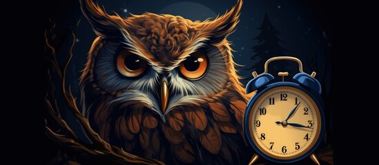 Illustration owl bird on dark moon on branch tree forest dark background. Generate AI image