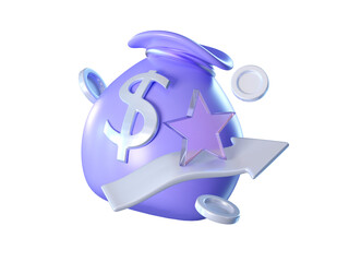 Poster - 3D money bag with dollar sign, star and upward arrow. Represents profit increase, rewards, and financial motivation.