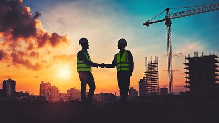 Poster - Business Partnership Handshake at Construction Site During Sunset Generative AI