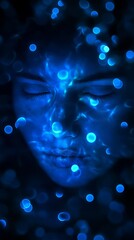 Poster - Mysterious blue light creating an abstract reflection on a serene face with closed eyes against a dark background