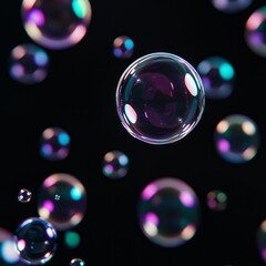 Poster - Colorful bubbles floating in a dark background create an abstract visual display of light and shapes