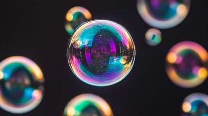 Aufkleber - colorful soap bubbles floating against a dark abstract background with reflections of light and colo