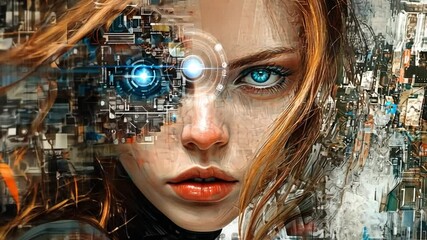 Poster - Future Woman With Cybernetic Eye Panel Explores Advanced Technology Generative AI