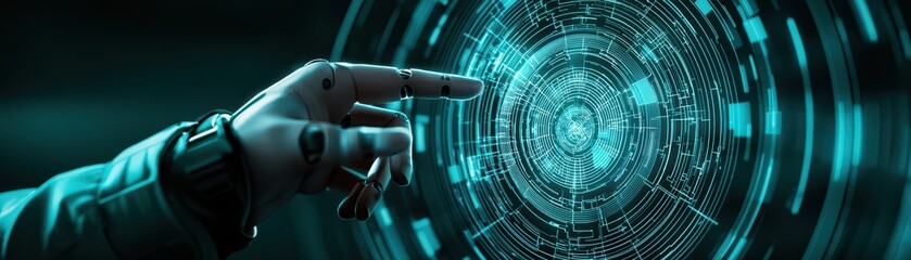 Poster - Futuristic robot hand interacting with digital display