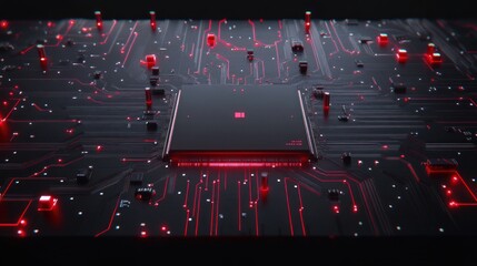 Fototapete - Abstract Cyberpunk Circuit Board: Glowing Red Lines and Black Components