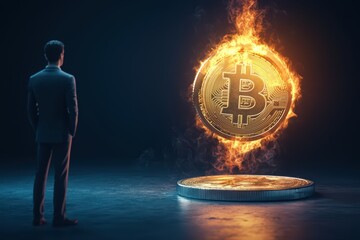 Poster - Investor staring at fiery bitcoin symbol in darkness