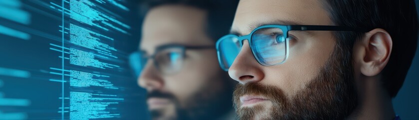 Poster - Focused male coder analyzing data on computer screen