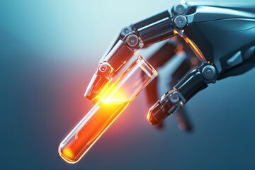 Poster - Robotic hand holding glass test tube with liquid glow