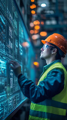Poster - Worker in safety gear interacts with a large digital display showing data charts and graphs, showcasing industrial technology and data analysis in a factory setting