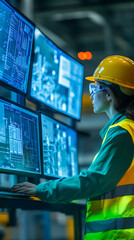 Leinwandbilder - Woman in safety gear monitoring multiple computer screens displaying technical data, symbolizing industrial technology, control, and digital monitoring in a factory setting