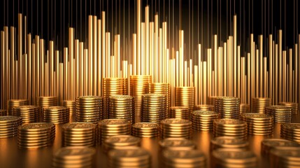 Poster - Golden coins stacked with graph background rising trend