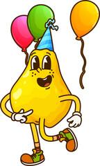Poster - Cartoon groovy quince or pear fruit character having a fun time on celebration party occasion. Isolated vector joyful fruit retro personage wearing blue party hat and surrounded by vibrant balloons