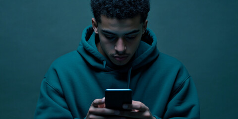 Young man in teal hoodie using smartphone, head down, against dark teal background, showcasing digital communication and focus