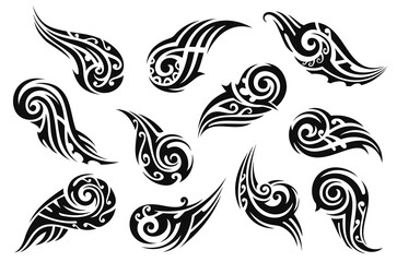 Aufkleber - Black tribal Maori tattoo ornaments, featuring swirling patterns and elements, evoke strength, energy and fluid motion. Isolated vector set of ornate decals, traditional swirled tribal motifs