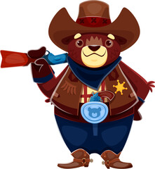 Poster - Cartoon Wild West animal cowboy or bear sheriff character, vector ranger. Western bandit or Texas cowboy and Wild West animal character with sheriff star badge and rifle and revolver gun in bandoleer