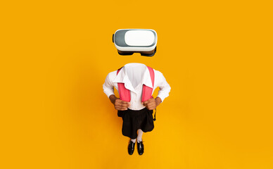 Poster - A schooler in a white shirt and black skirt wears a VR headset, immersed in a virtual environment. The bright yellow background emphasizes the gadget and the user's experience in technology.