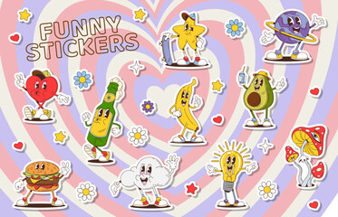 Aufkleber - Cartoon groovy characters stickers pack. Vector retro y2k heart, star and planet, banana, beer bottle, burger and amanita mushroom. Cloud, light bulb and avocado with funky and playful expressions